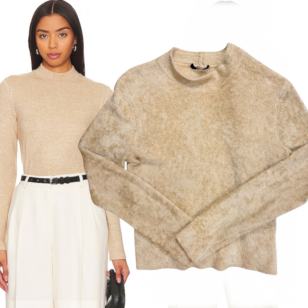 Vince Mock Neck Textured Long Sleeve Top Beige Medium